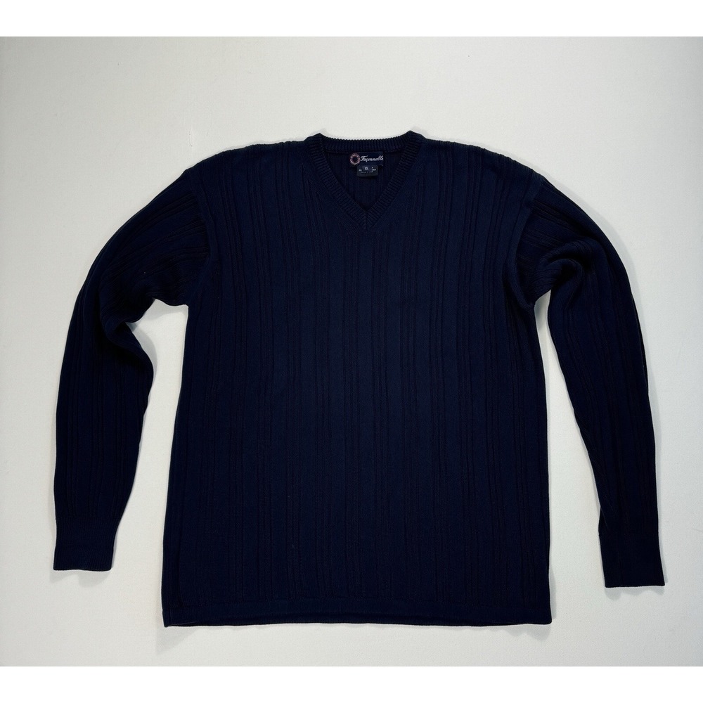 Faconnable Mens XL Navy Blue Cotton Ribbed V-Neck Sweater Italy Vintage Pullover